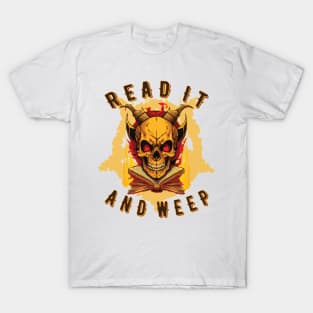 Horned skull sitting on flaming books. T-Shirt